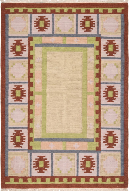 Nordic Pastel Border Wool Cotton Dhurrie Rug