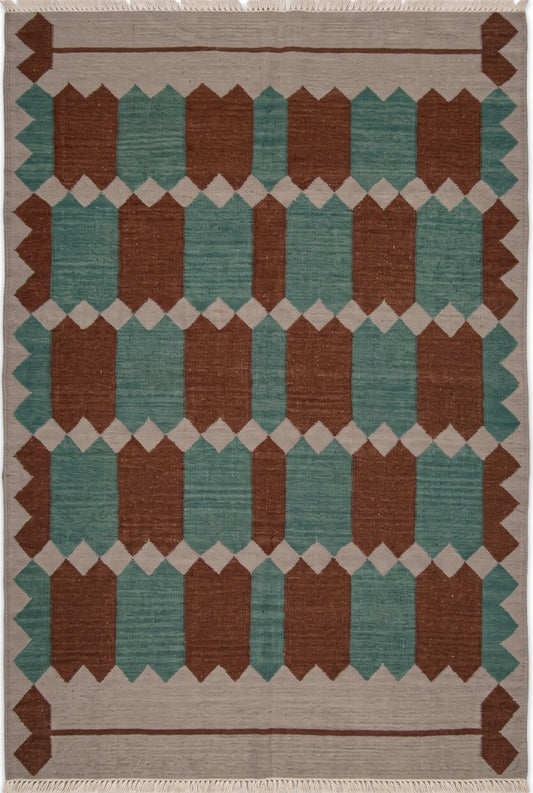 Handwoven Rust & Spruce Matrix Southwestern Flatweave rug