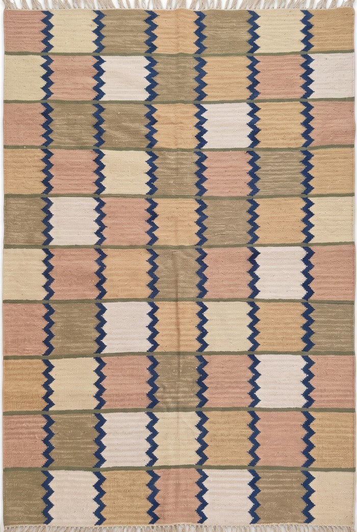 Handmade Pastel Zigzag Grid Checkered Flatweave rug