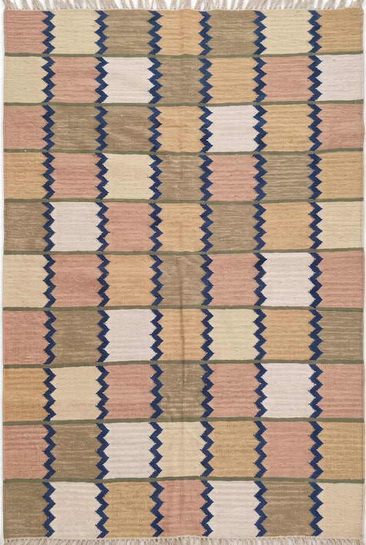 Handmade Pastel Zigzag Grid Checkered Flatweave rug