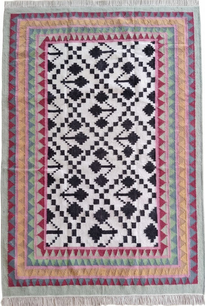 Monochrome Tree & Sawtooth Border Wool Area Rug
