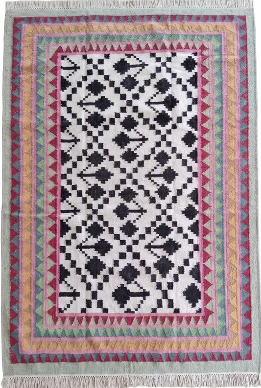 Monochrome Tree & Sawtooth Border Wool Area Rug