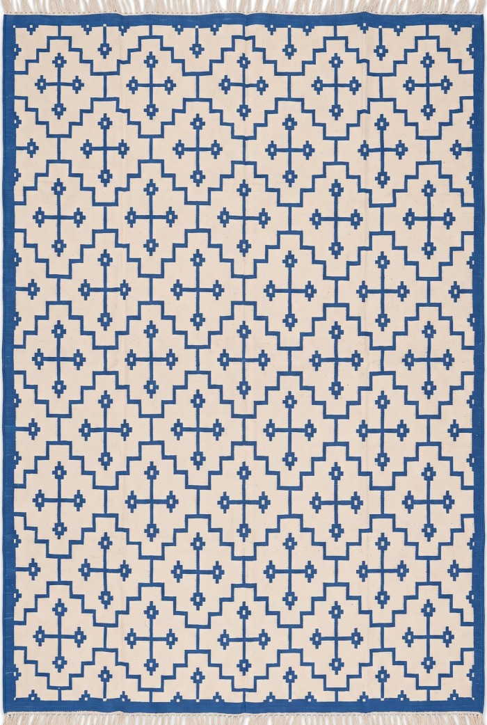 Blue Ivory Geometric Cross Cotton Flatweave Rug