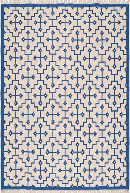 Blue Ivory Geometric Cross Cotton Flatweave Rug