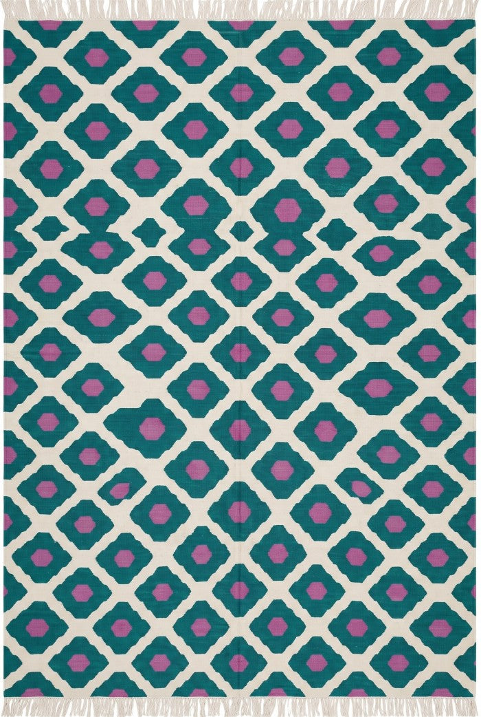 Teal Magenta Geometric Diamond Cotton Flatweave Rug