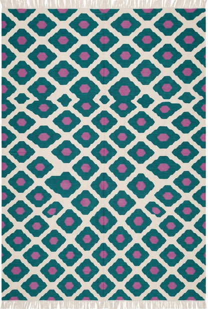Teal Magenta Geometric Diamond Cotton Flatweave Rug