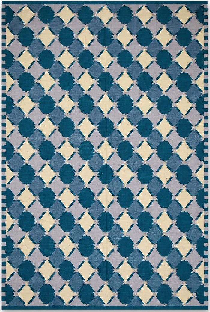 Geometric Diamond Lattice in Teal, Blue & Ivory Rug