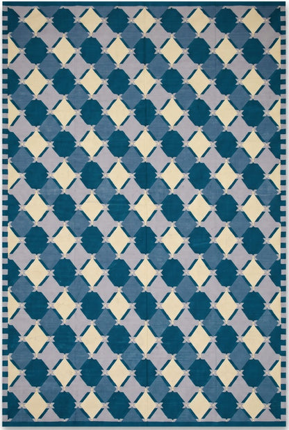 Geometric Diamond Lattice in Teal, Blue & Ivory Rug