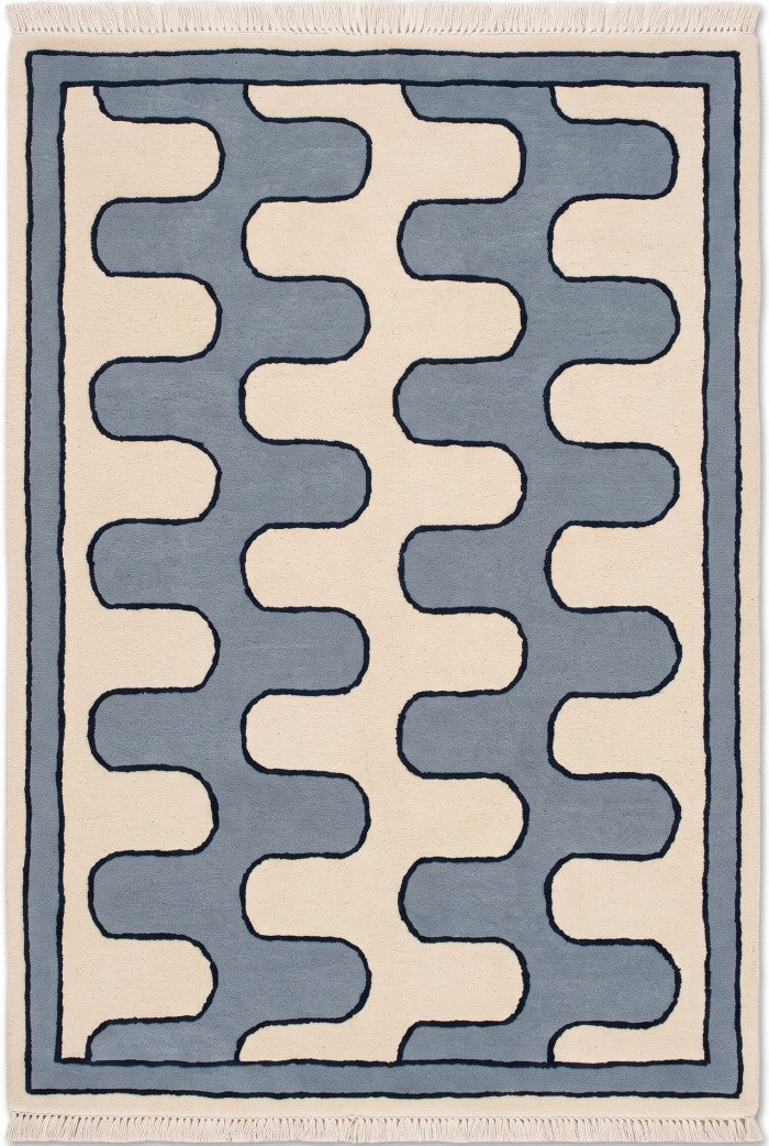 Blue Ivory Wave Wool Tufted Rug