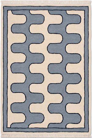 Blue Ivory Wave Wool Tufted Rug