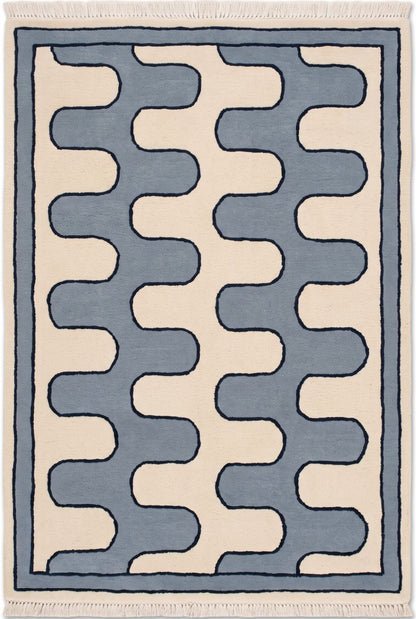 Blue Ivory Wave Wool Tufted Rug