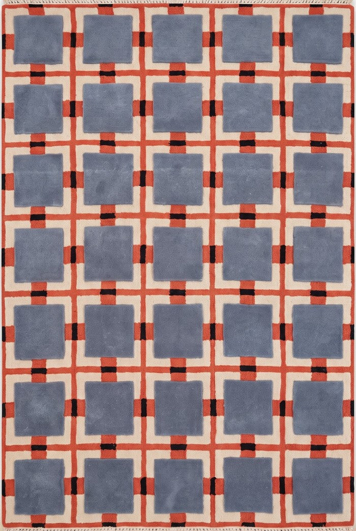 Blue Terracotta Geometric Wool Tufted Rug