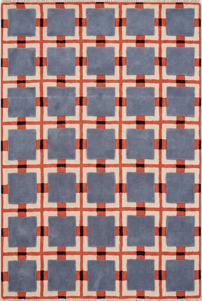 Blue Terracotta Geometric Wool Tufted Rug