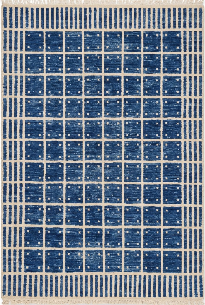 Luxury Indigo Oushak Floor Rug with Striped Border carpet