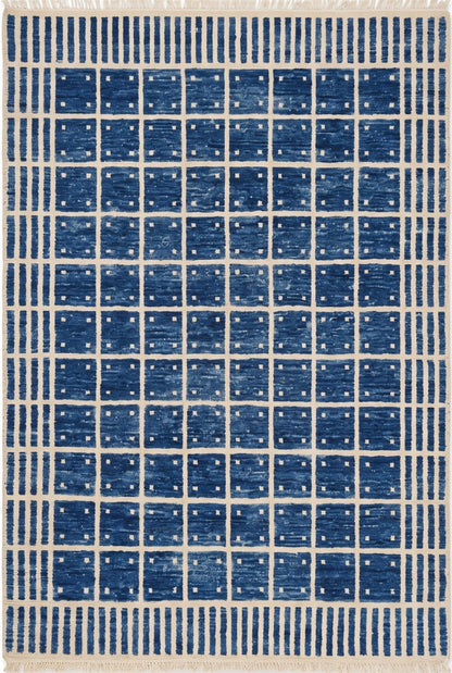 Luxury Indigo Oushak Floor Rug with Striped Border carpet