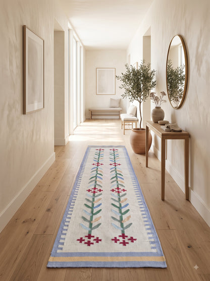 Handwoven Wool Runner Rug, Colorful Geometric Floral Design