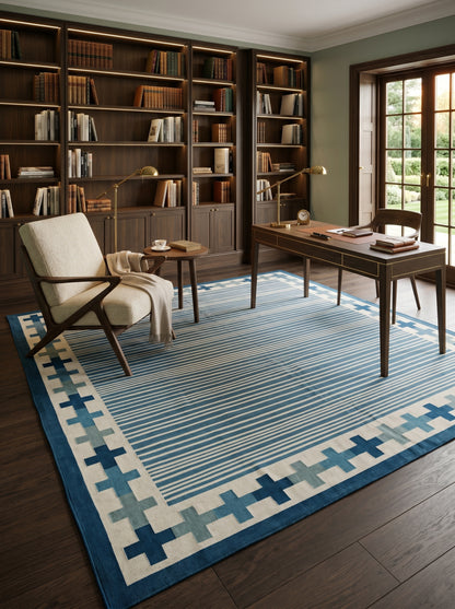 Handwoven Blue Stripe Cotton Rug Geometric Border Dhurrie Rug