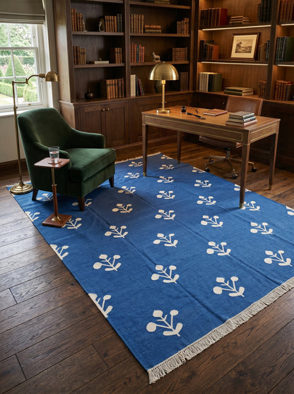 Azure Blossom Handmade Coastal Rug, Custom Size Dhurrie