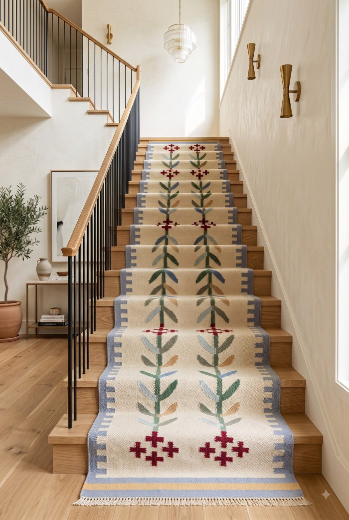 Handwoven Wool Runner Rug, Colorful Geometric Floral Design