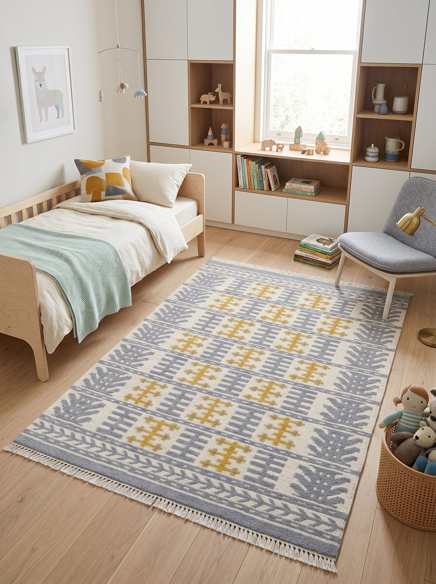 Nordic Totem Grid Modern Slate Blue & Mustard Wool Cotton Dhurrie Rug
