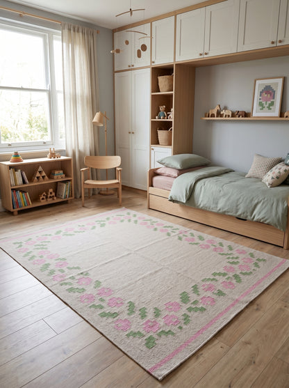 Pastel Rose Garland Aesthetic Pink & Sage Green Wool Cotton Dhurrie Rug