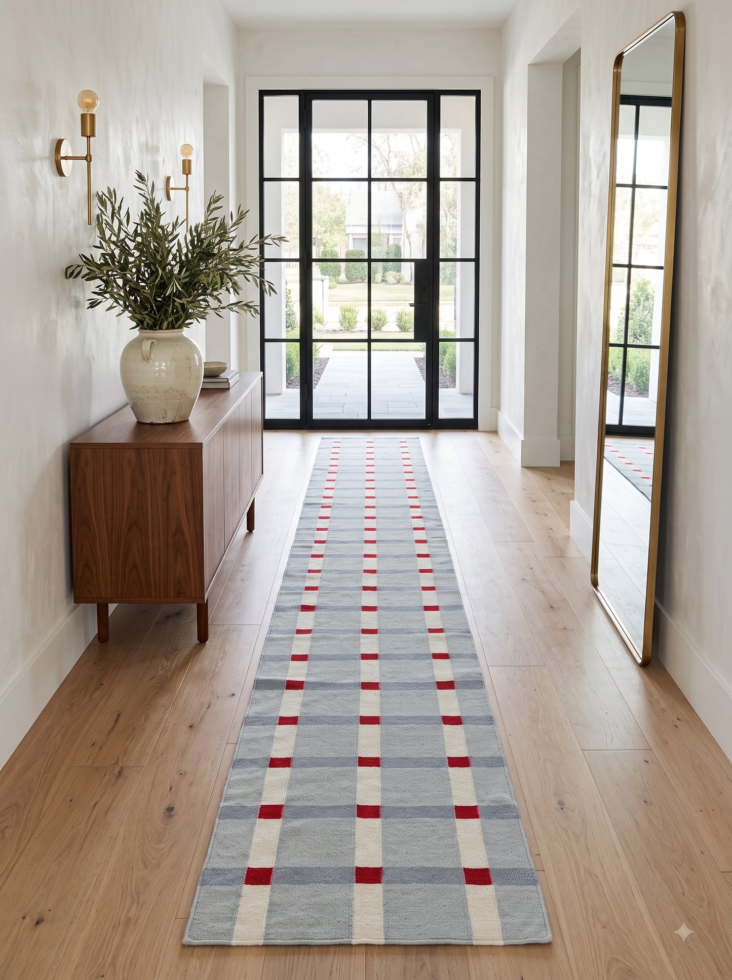 Handwoven Wool Runner Rug, Plaid Hallway Wool Checkered Runner