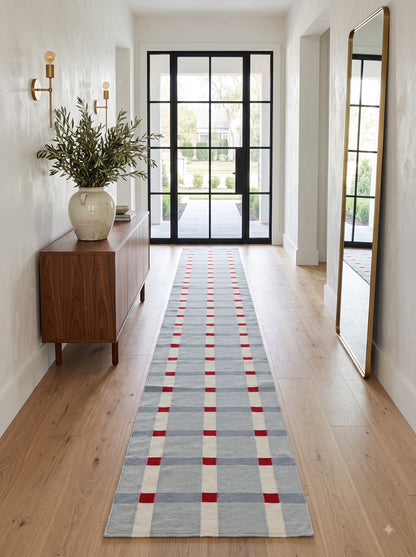 Handwoven Wool Runner Rug, Plaid Hallway Wool Checkered Runner