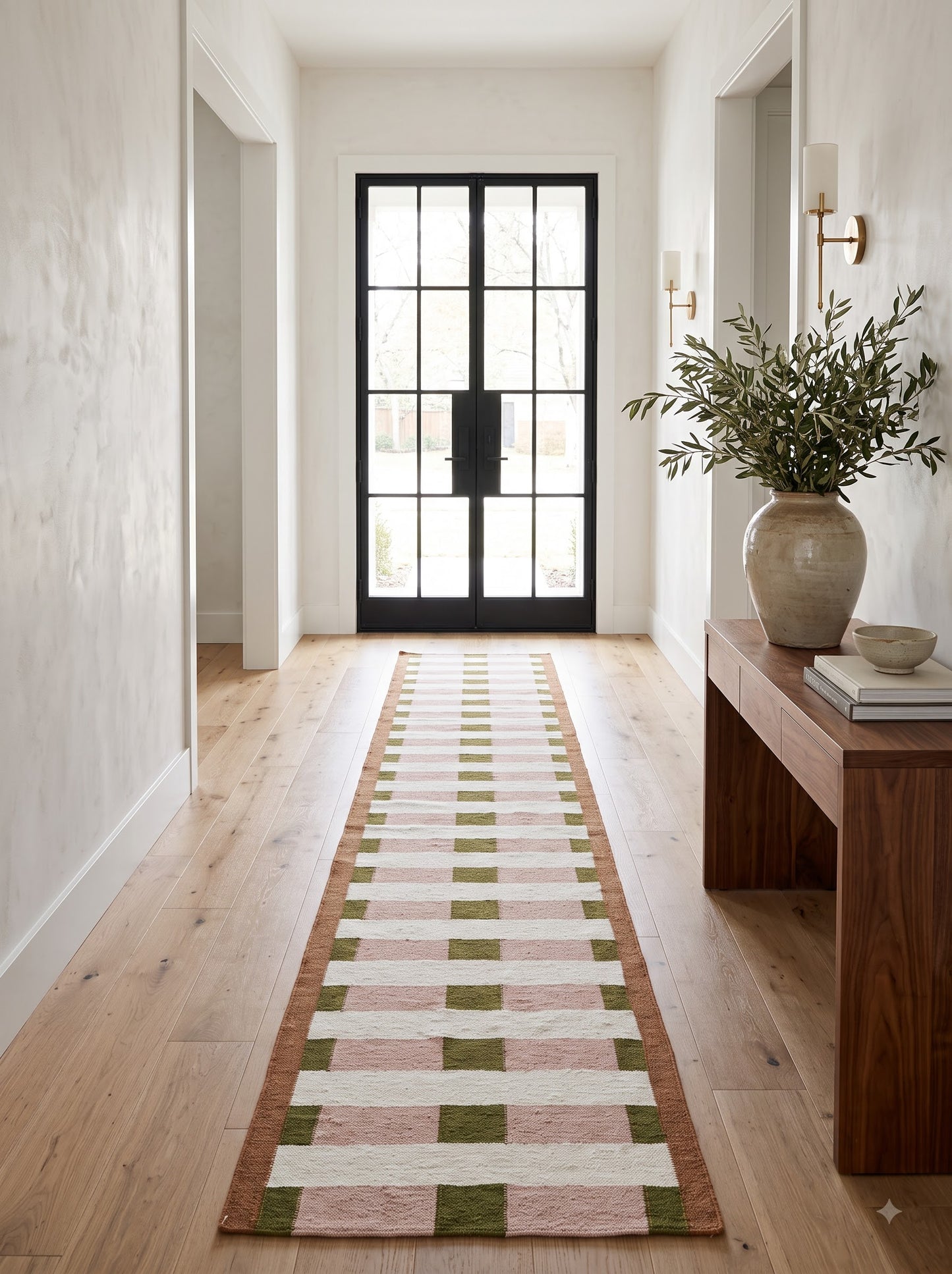 Handwoven Olive Green & Blush Pink Checkered Hallway Runner