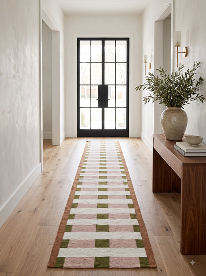 Handwoven Olive Green & Blush Pink Checkered Hallway Runner