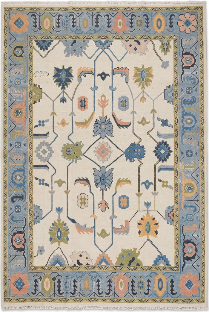 Handmade Wool Oushak Rug Sea Blue Border Floral Design Carpet