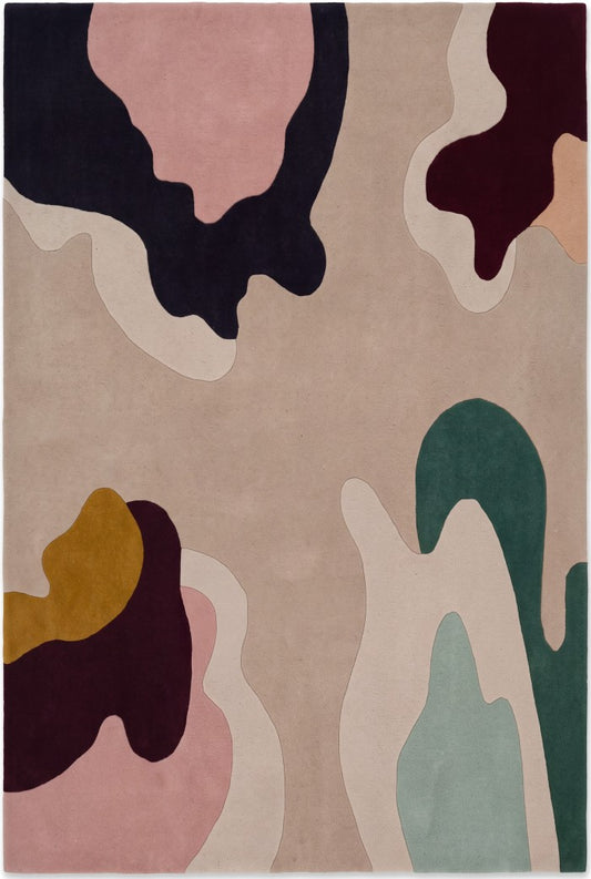 Abstract Modern Living Room Rug, Colorful Organic Shapes Neutral Beige Carpet