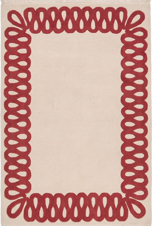 Terracotta Red Ribbon Border Rug Modern Scalloped Loop Ivory Living Room Carpet