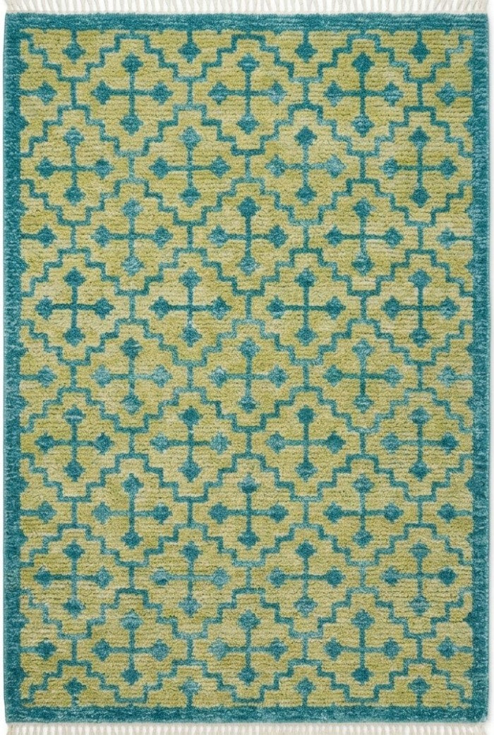 Teal Lattice Olive Diamond Hand Knotted Rug