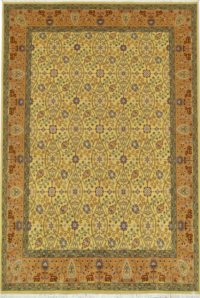 Hand-Knotted Wool Oushak Rug Gold Yellow Floral Carpet Rust Orange Border