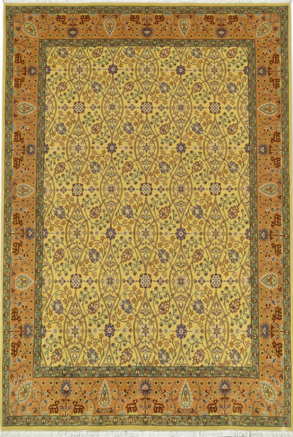 Hand-Knotted Wool Oushak Rug Gold Yellow Floral Carpet Rust Orange Border