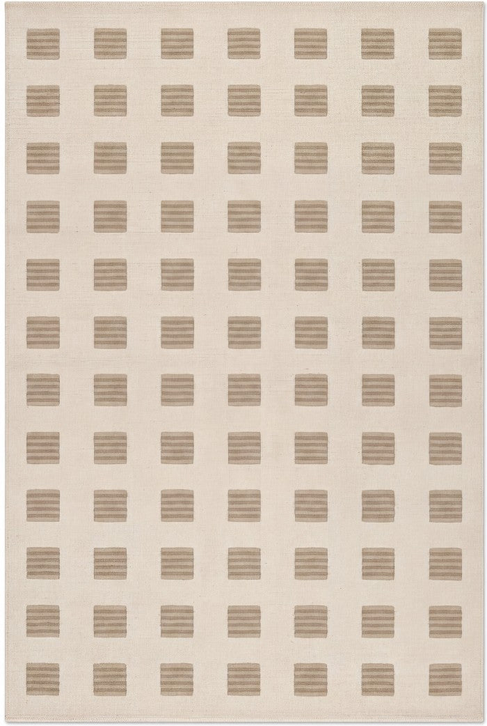 Modern Organic Grid Tufted Rug Handmade Wool Ivory Taupe Carpet