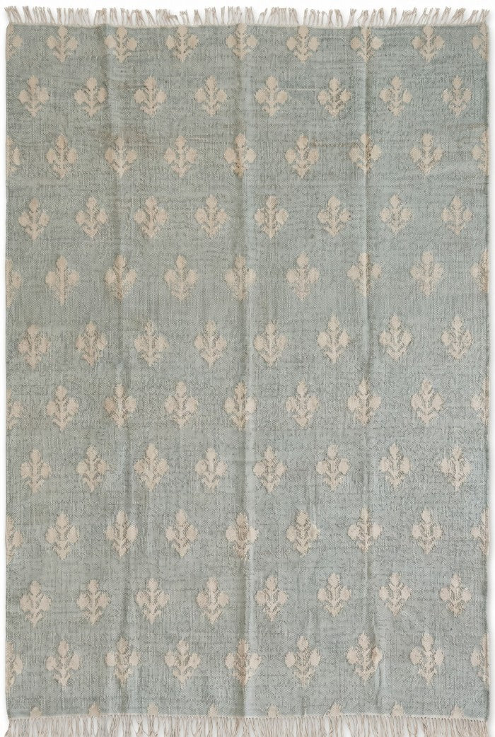 Seafoam Green Fleur-de-lis Kilim Botanical Floral Dhurrie rug