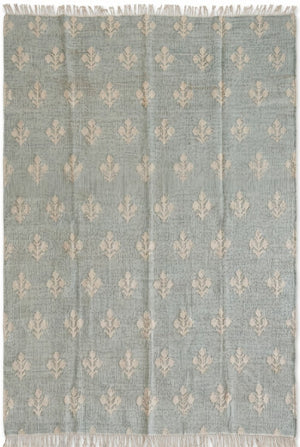 Seafoam Green Fleur-de-lis Kilim Botanical Floral Dhurrie rug