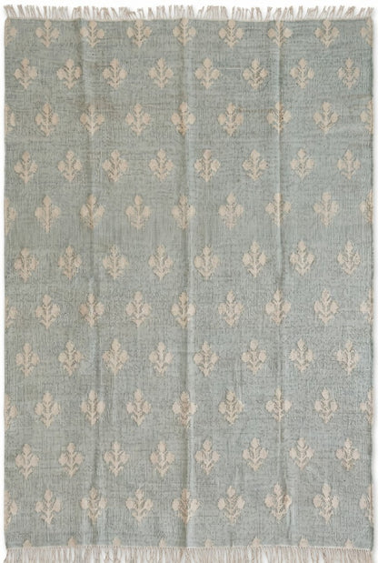 Seafoam Green Fleur-de-lis Kilim Botanical Floral Dhurrie rug