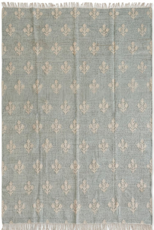 Seafoam Green Fleur-de-lis Kilim Botanical Floral Dhurrie rug