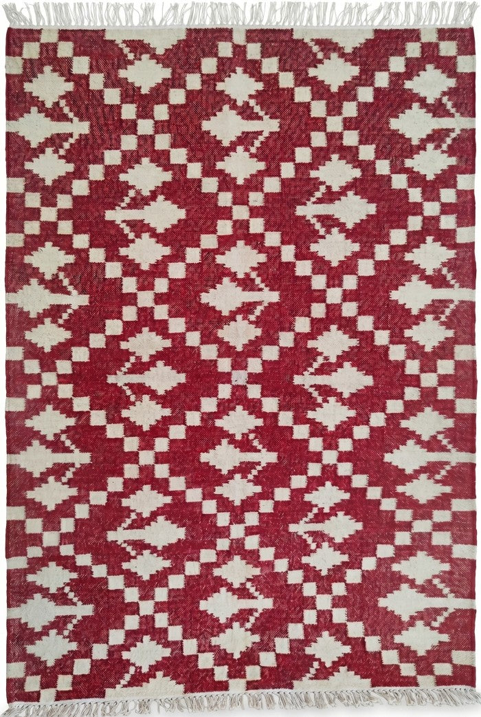 Handmade Red & White Geometric Rug