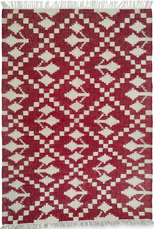 Handmade Red & White Geometric Rug