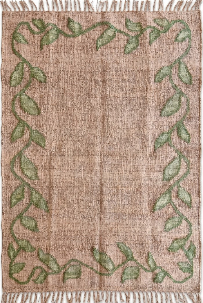 Green Leafy Vine Border Kilim Textured Natural Fiber Dhurrie