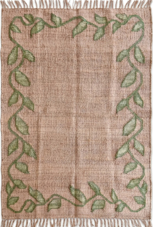 Green Leafy Vine Border Kilim Textured Natural Fiber Dhurrie