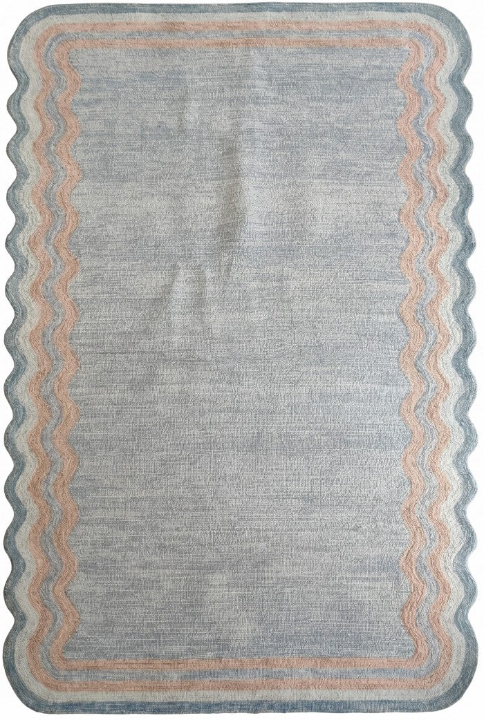 Muted Azure Blue with Scalloped Wavy Border rug