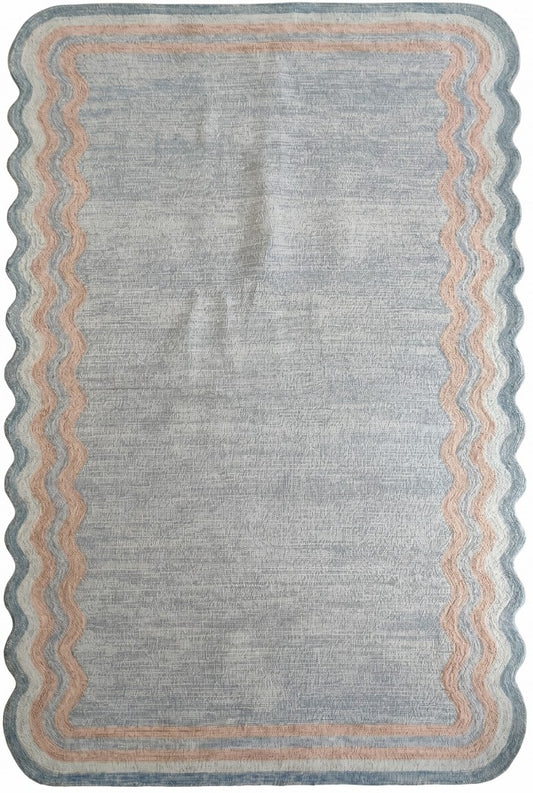 Muted Azure Blue with Scalloped Wavy Border rug