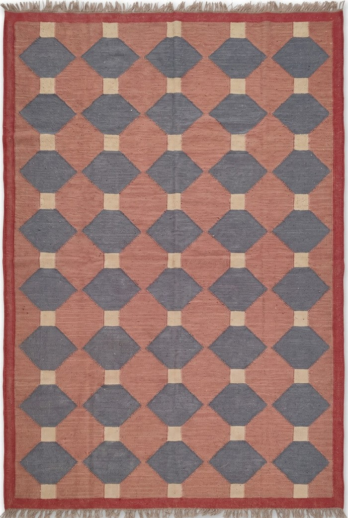 Terracotta & Navy Blue Geometric Diamond Pattern Rustic Home Decor Area Rug