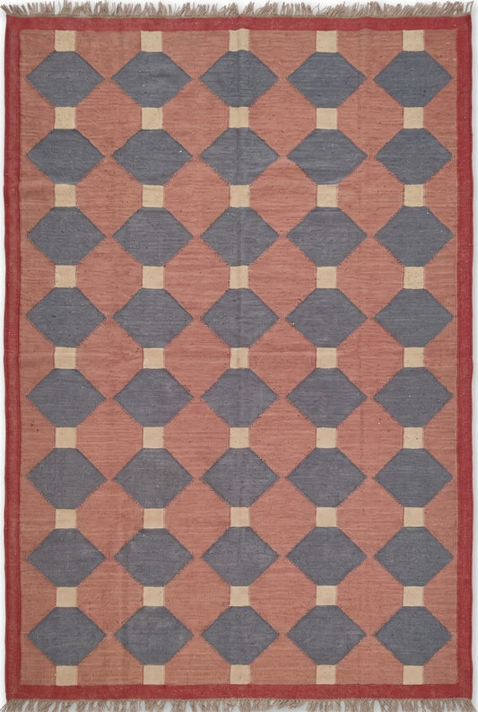 Terracotta & Navy Blue Geometric Diamond Pattern Rustic Home Decor Area Rug