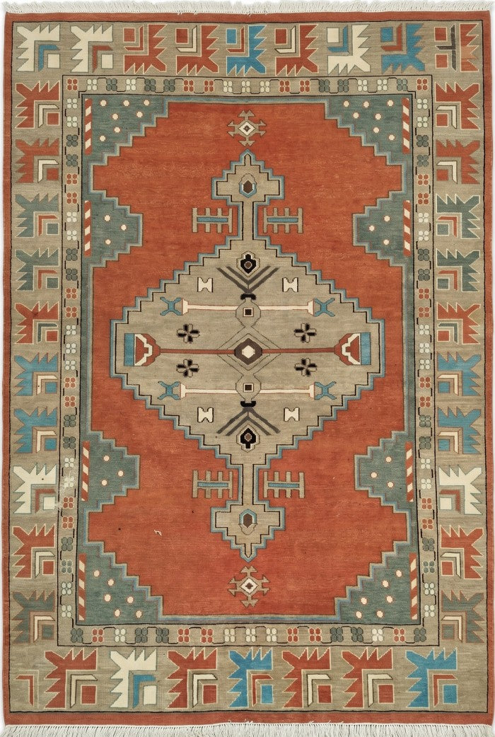 Hand-Knotted Caucasian Kazak Geometric Wool Rug