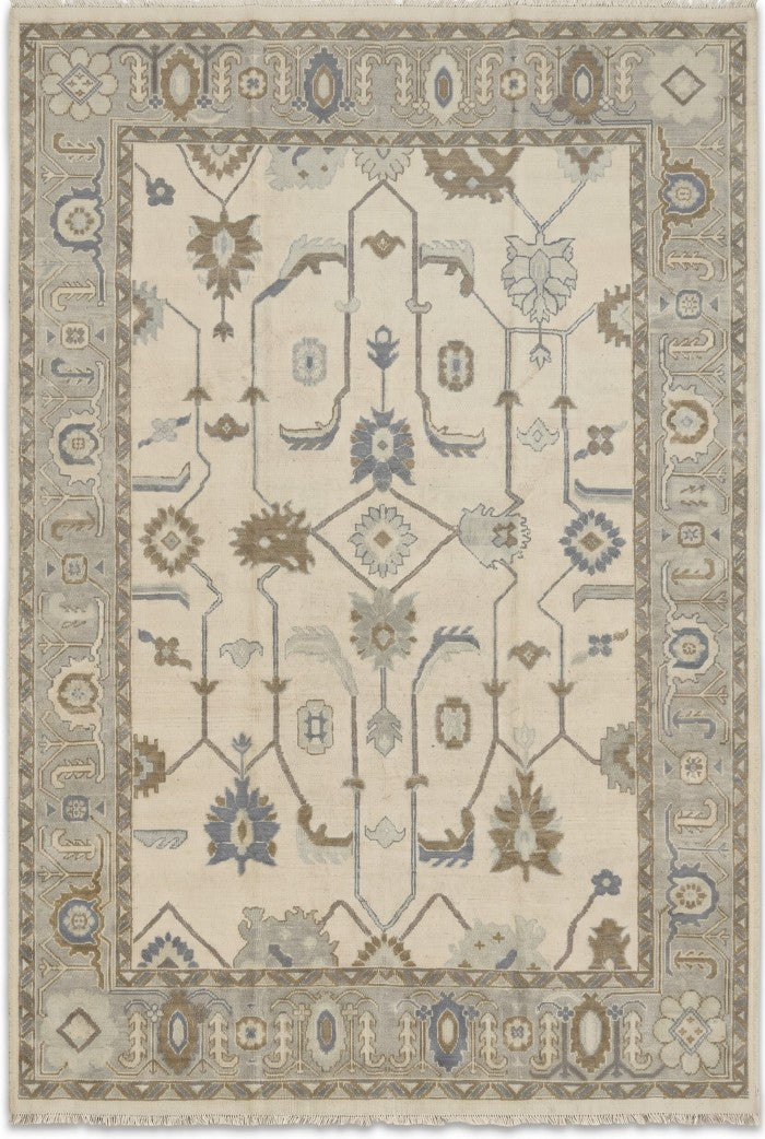 Soft Slate and Cream Hand-Knotted Botanical Rug